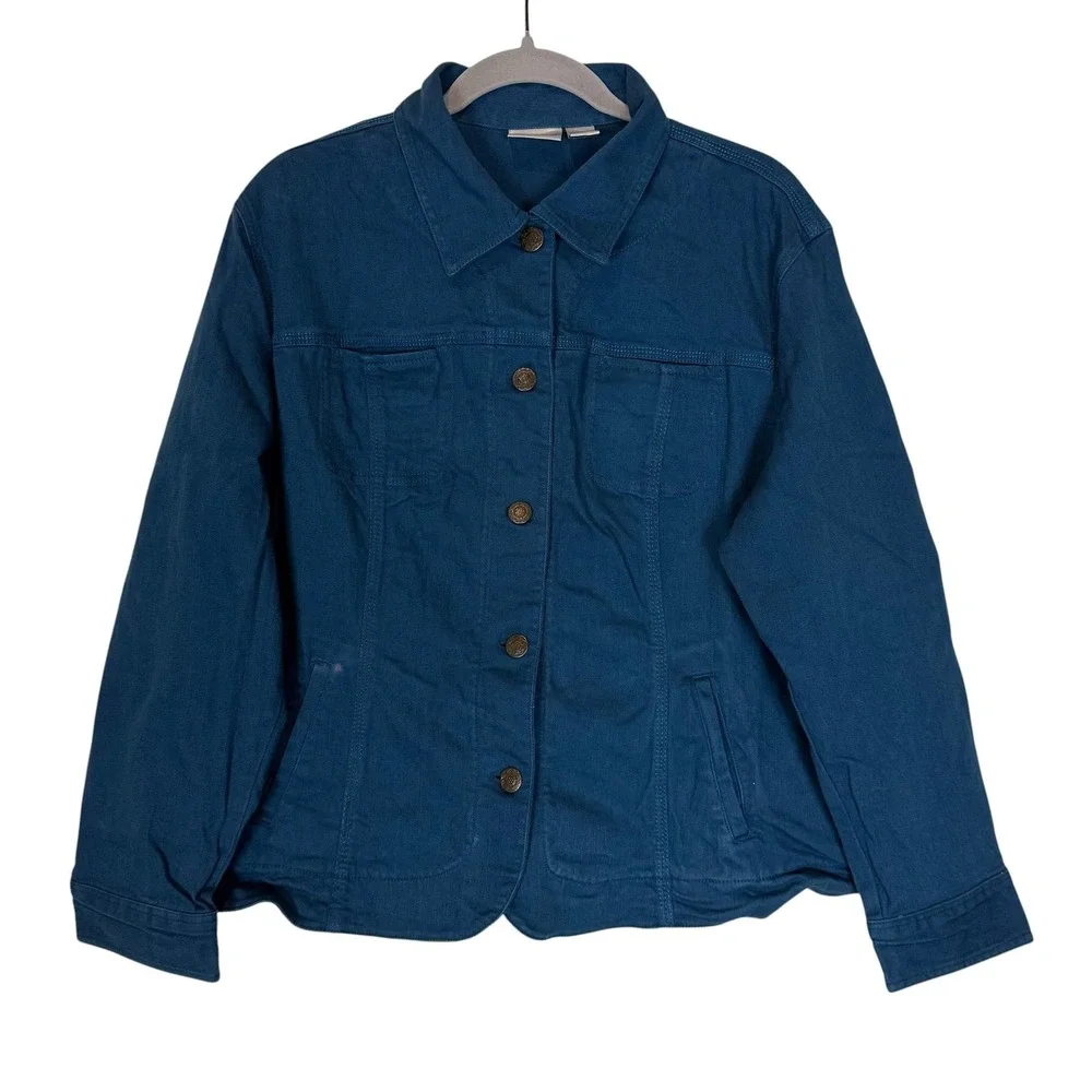 Chico's Jacket Womens 3 Blue Denim Button Front Embroidered Back Boho Casual